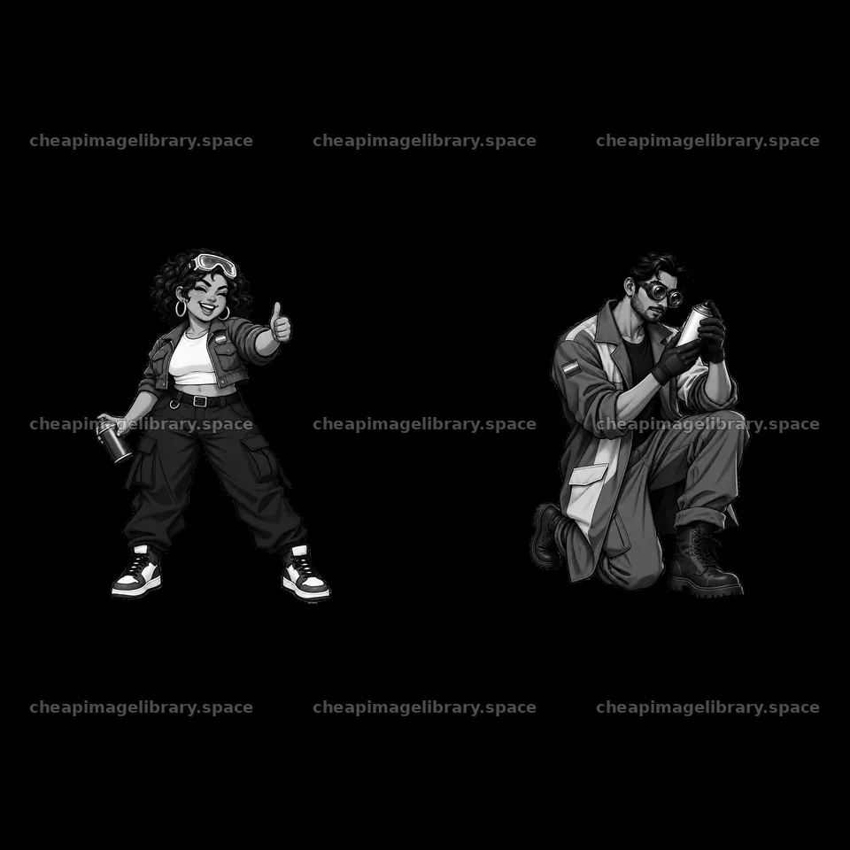 Gay graffiti spray painter duo in monochrome illustration – image library 7746x7746