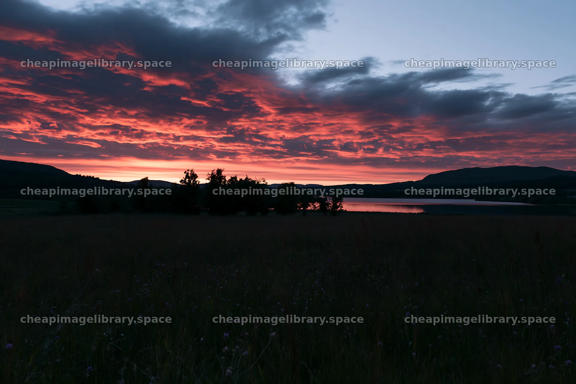 Highland apple meadow at sunset with colorful clouds – image library 9722x6480