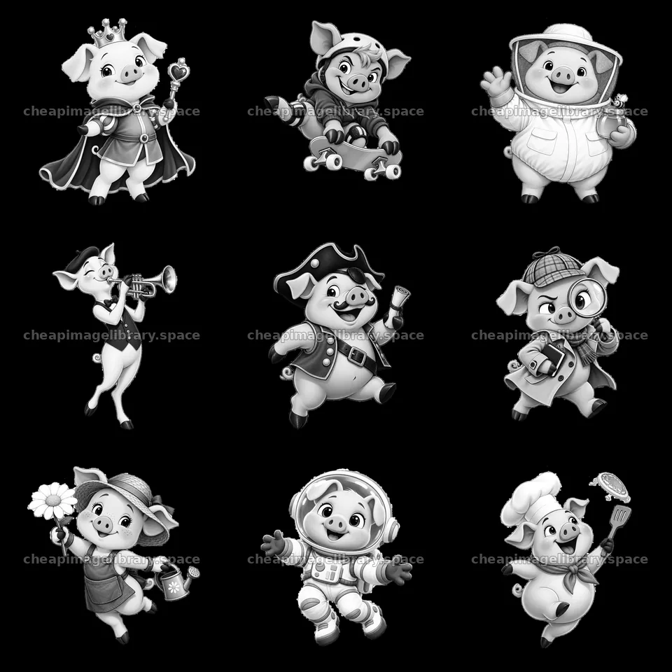 Cartoon pigs in various fun and playful themed costumes – image library 7746x7746