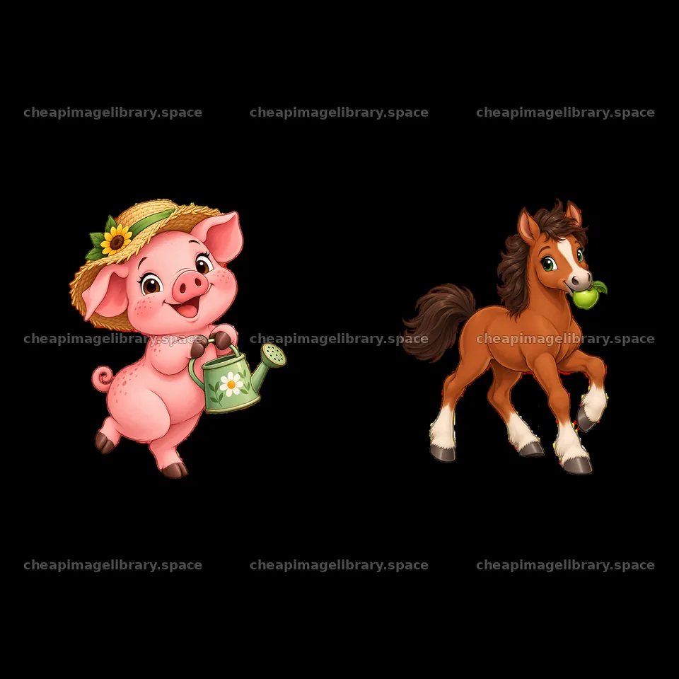 Cheerful pig and horse in a farm setting with a watering can – image library 7746x7746
