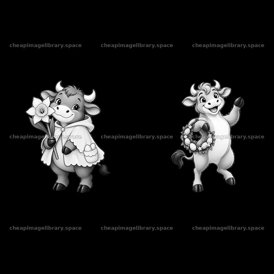 Easter ox characters holding flowers and wreath in black and white – image library 7746x7746