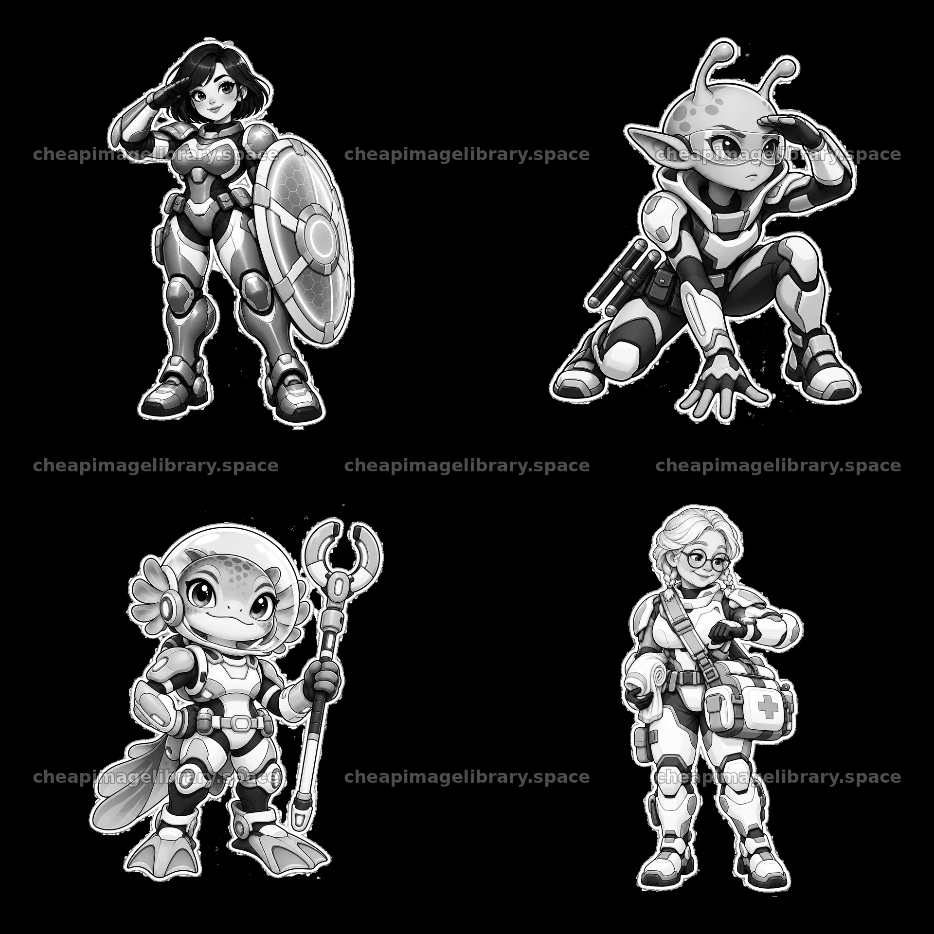 Kawaii futuristic super-soldier characters in black and white – image library 7746x7746