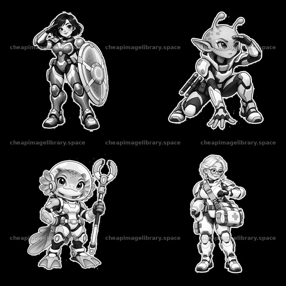 Kawaii futuristic super-soldier characters in black and white – image library 7746x7746