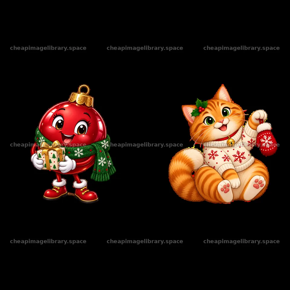 Cheerful red ornament and playful cat with Christmas gift – image library 7746x7746