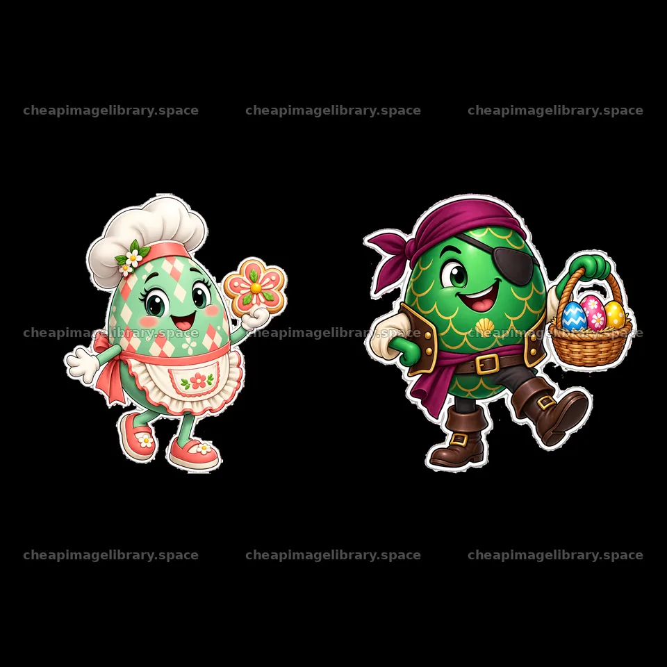Colorful Easter egg characters in festive outfits with accessories – image library 7746x7746
