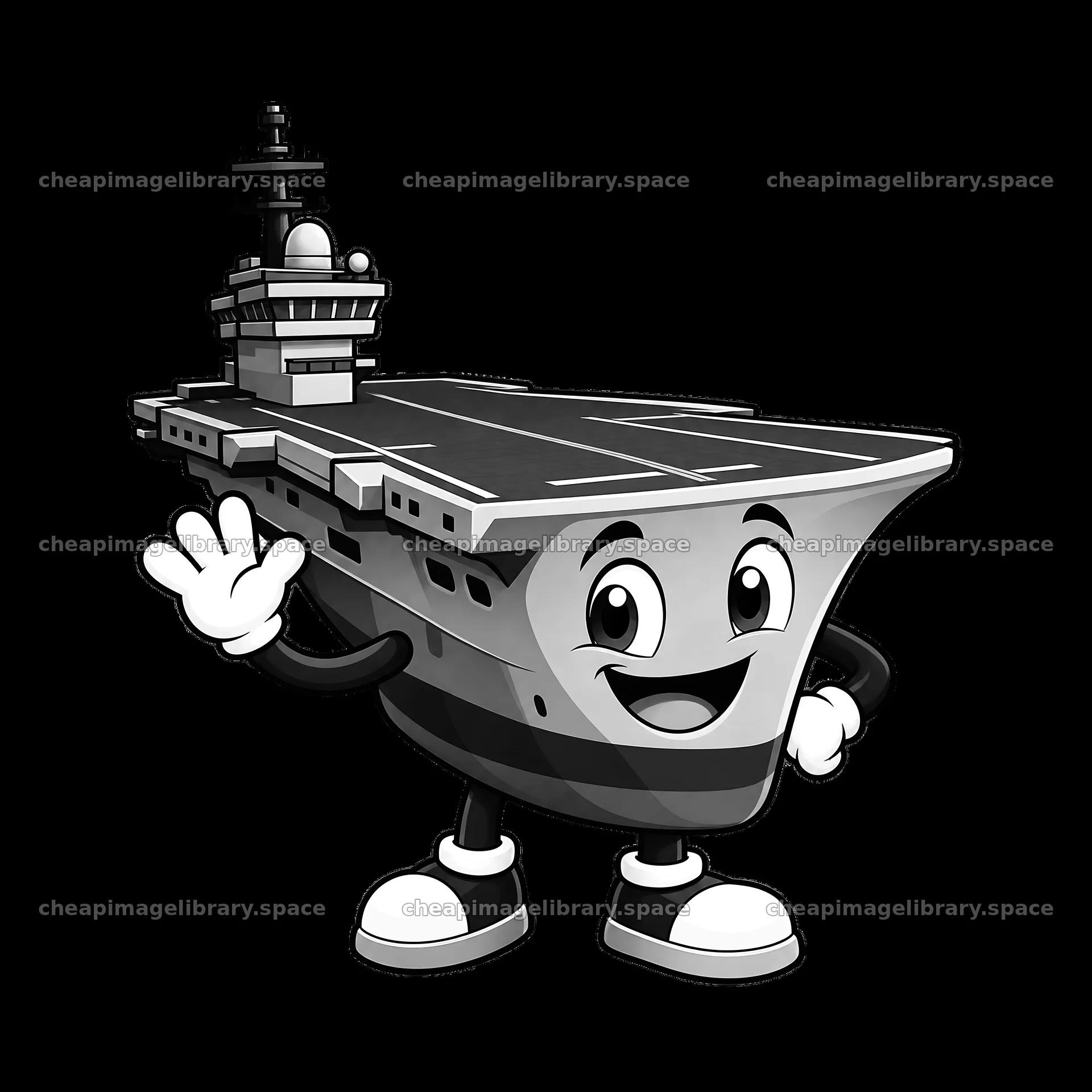 Cartoon aircraft carrier character with smiling face and waving hand – image library 7746x7746