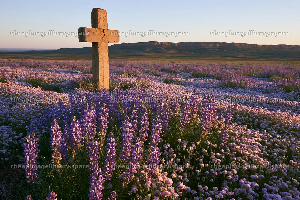 Christian cross surrounded by flowers in a meadow – image library 9722x6480