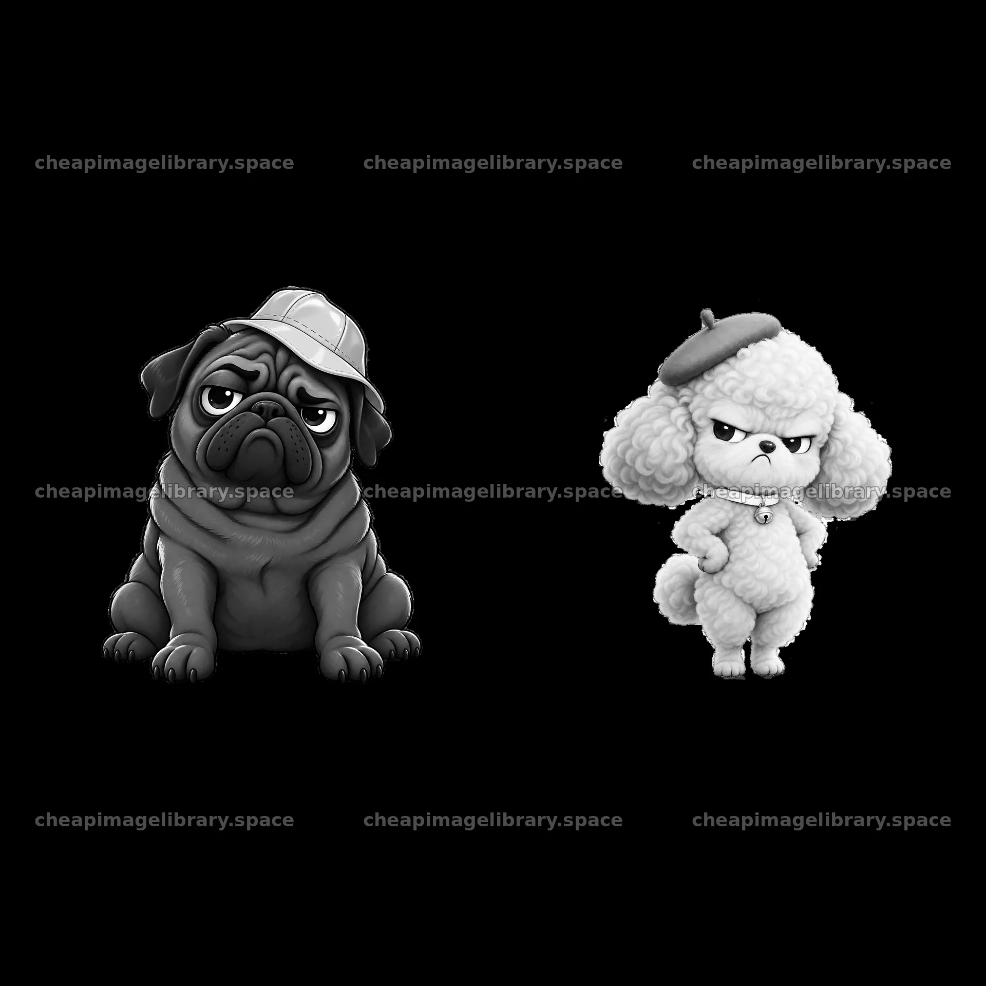 Kawaii grumpy dog duo with a hat and beret – image library 7746x7746