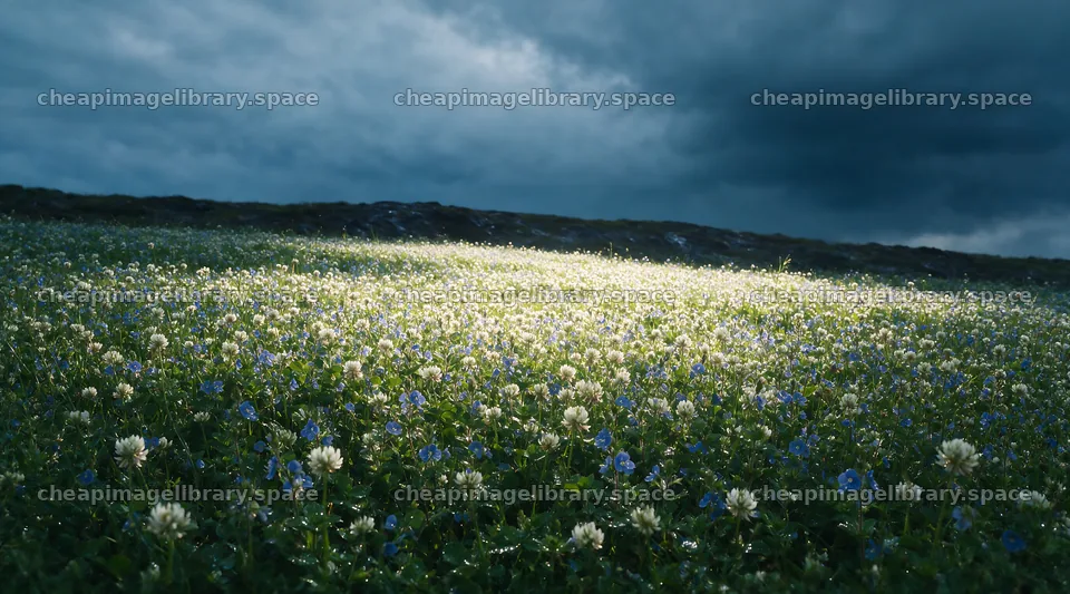 Clover speedwell meadow under dramatic sky at dusk – image library 10648x5916