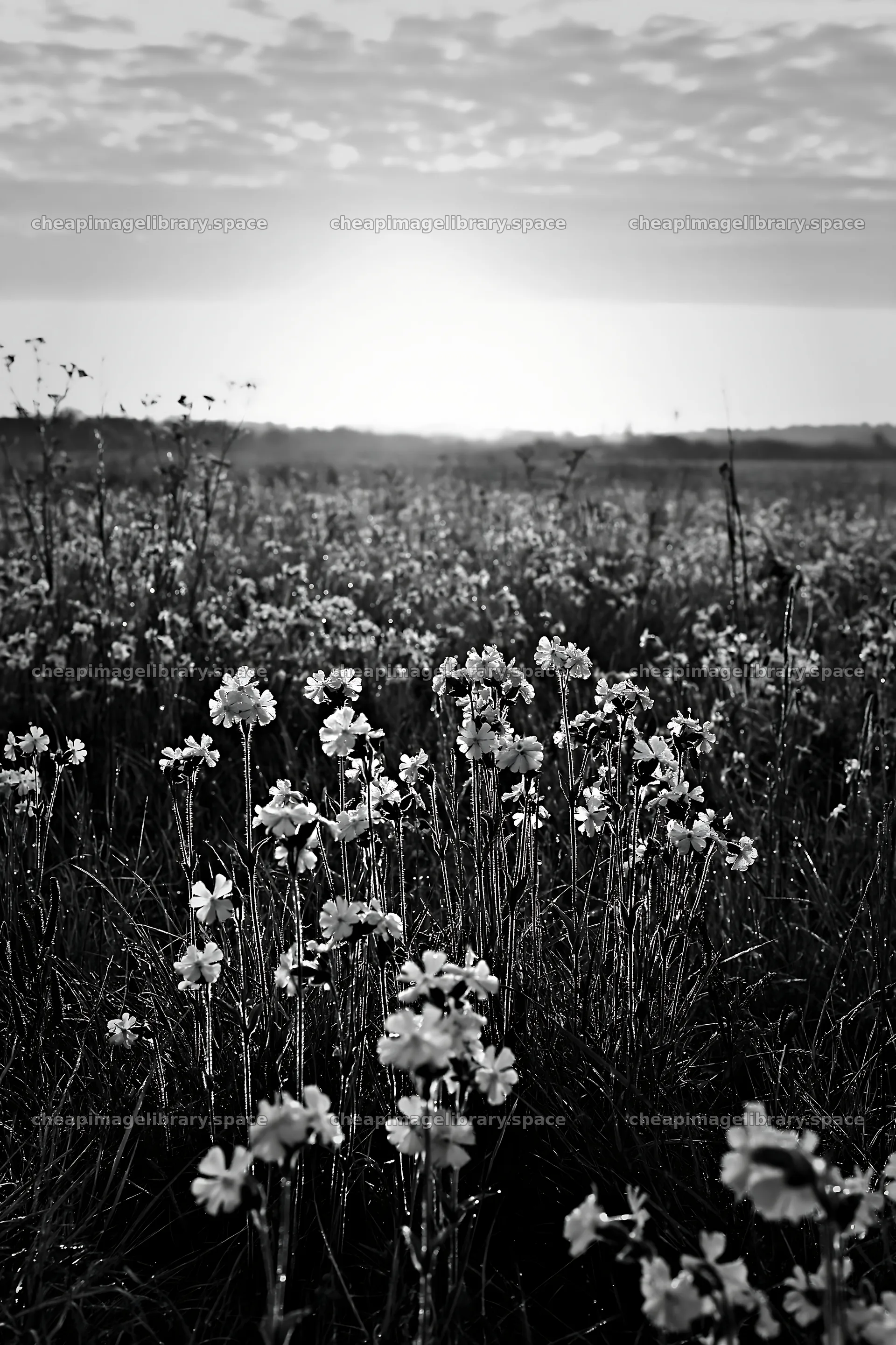 Pink campion meadow at sunrise in black and white – image library 6480x9722