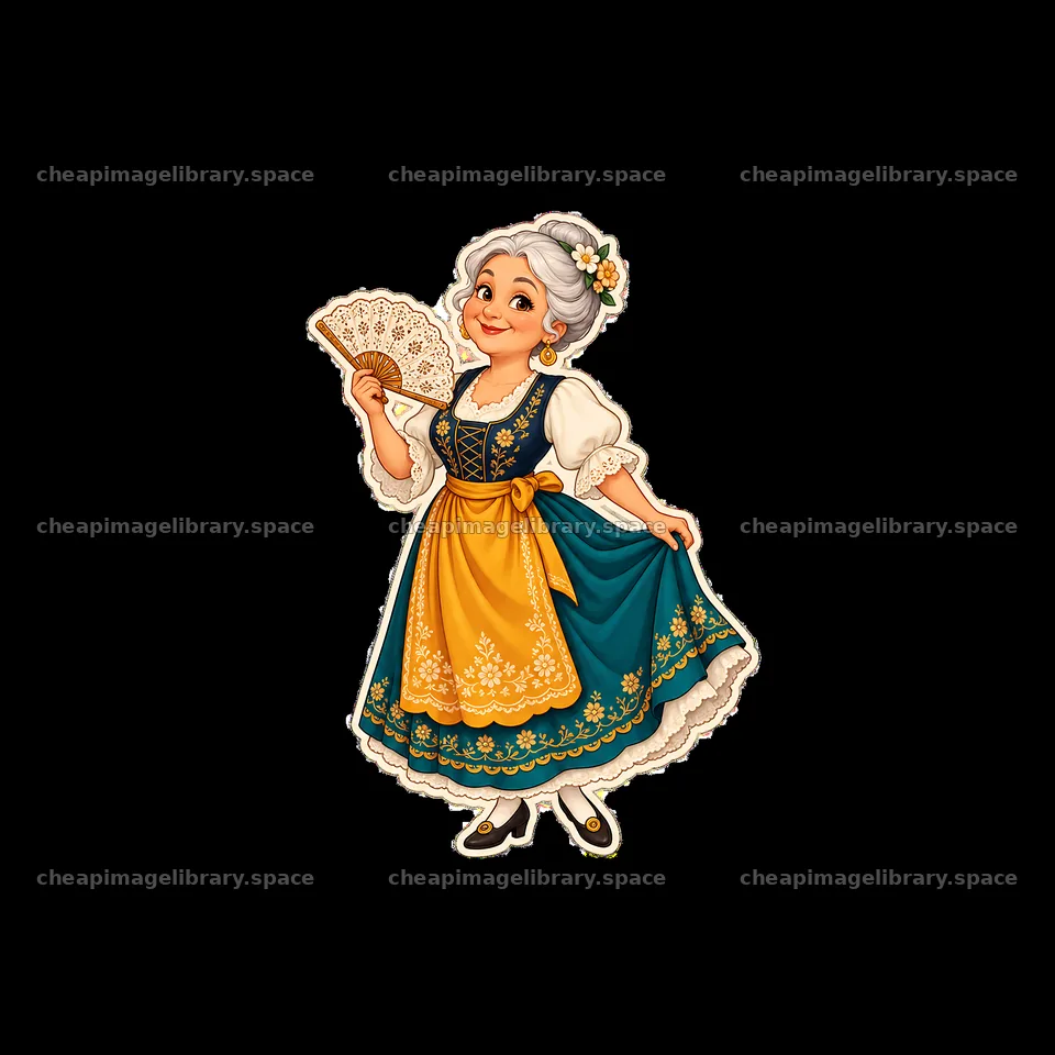 Woman in traditional folk dress holding a fan and smiling – image library 7746x7746