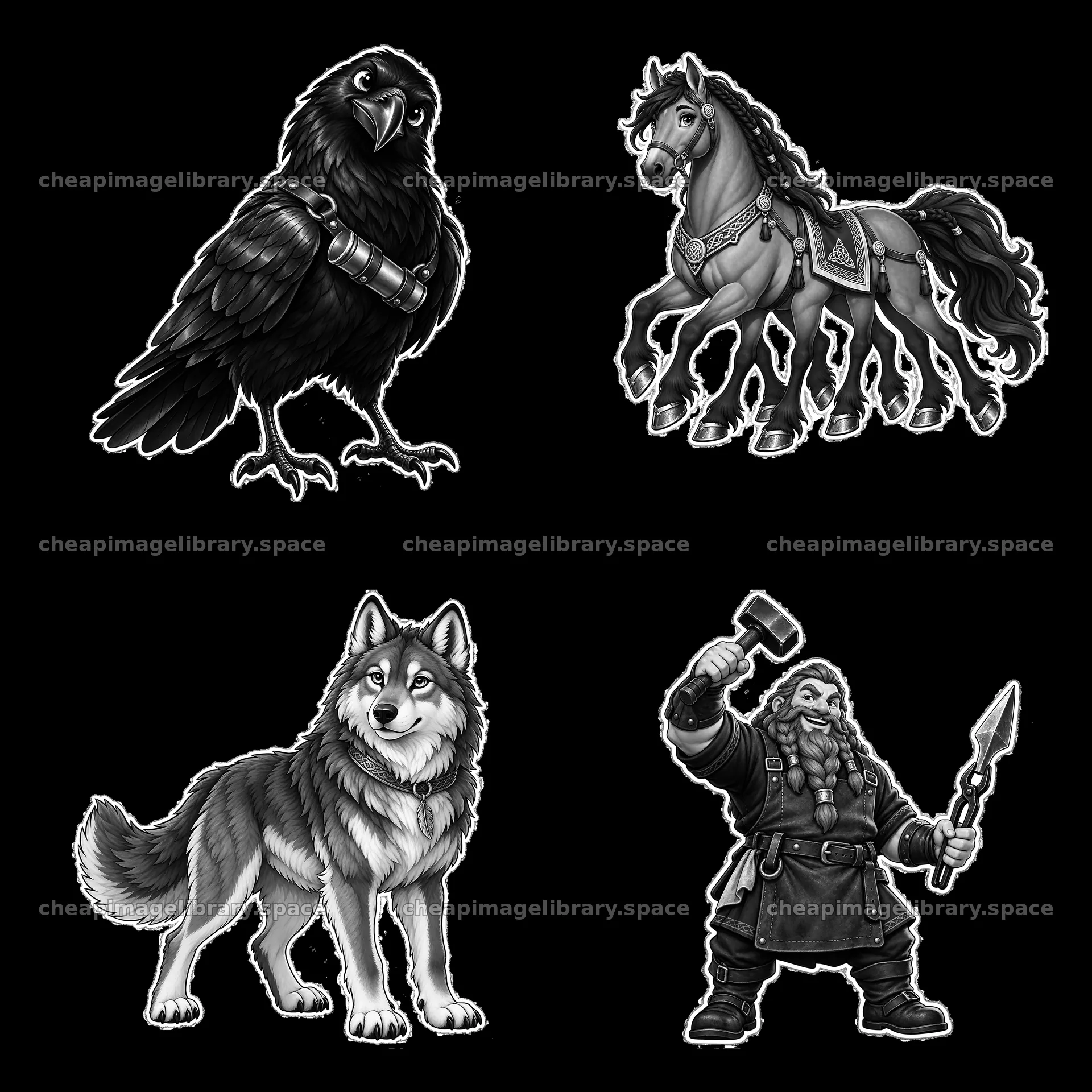 Odin's companions featuring a raven, horse, wolf, and warrior – image library 7746x7746