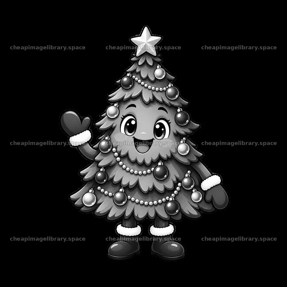 Cartoon Christmas tree character waving with decorations – image library 7746x7746