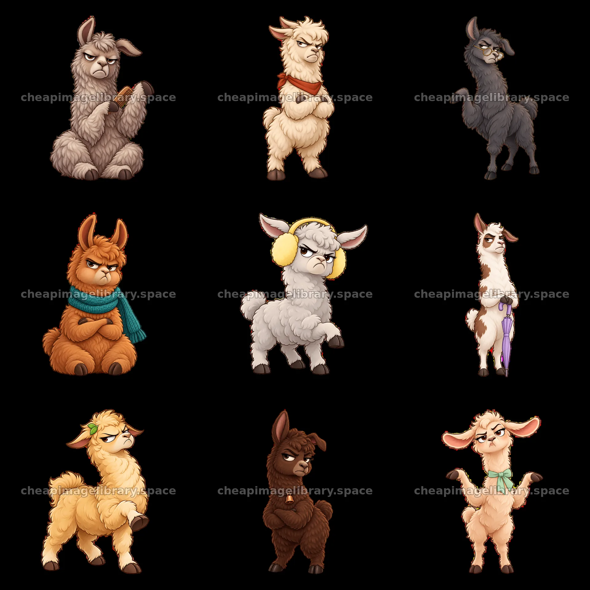 Grumpy llamas showing various expressions and poses in square layout – image library 7746x7746