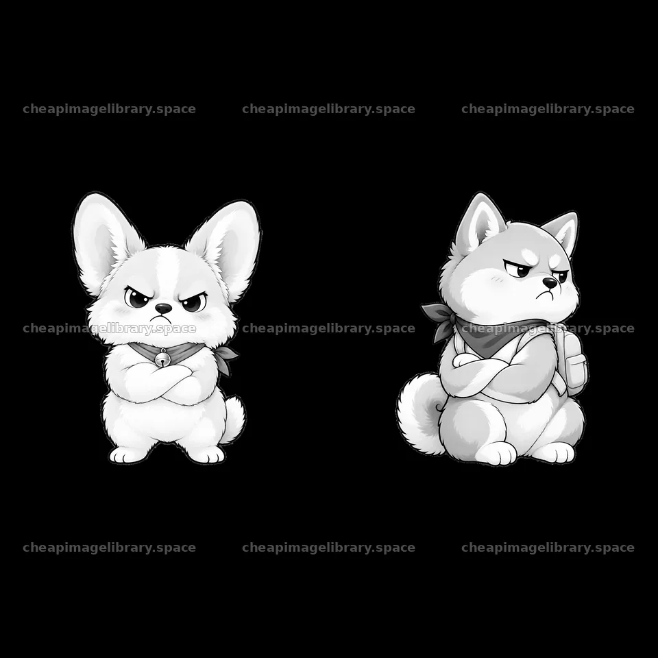Kawaii grumpy dog cartoon stickers in black and white design – image library 7746x7746