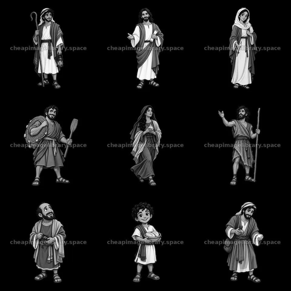 Monochrome stickers of biblical figures in three by three layout – image library 7746x7746