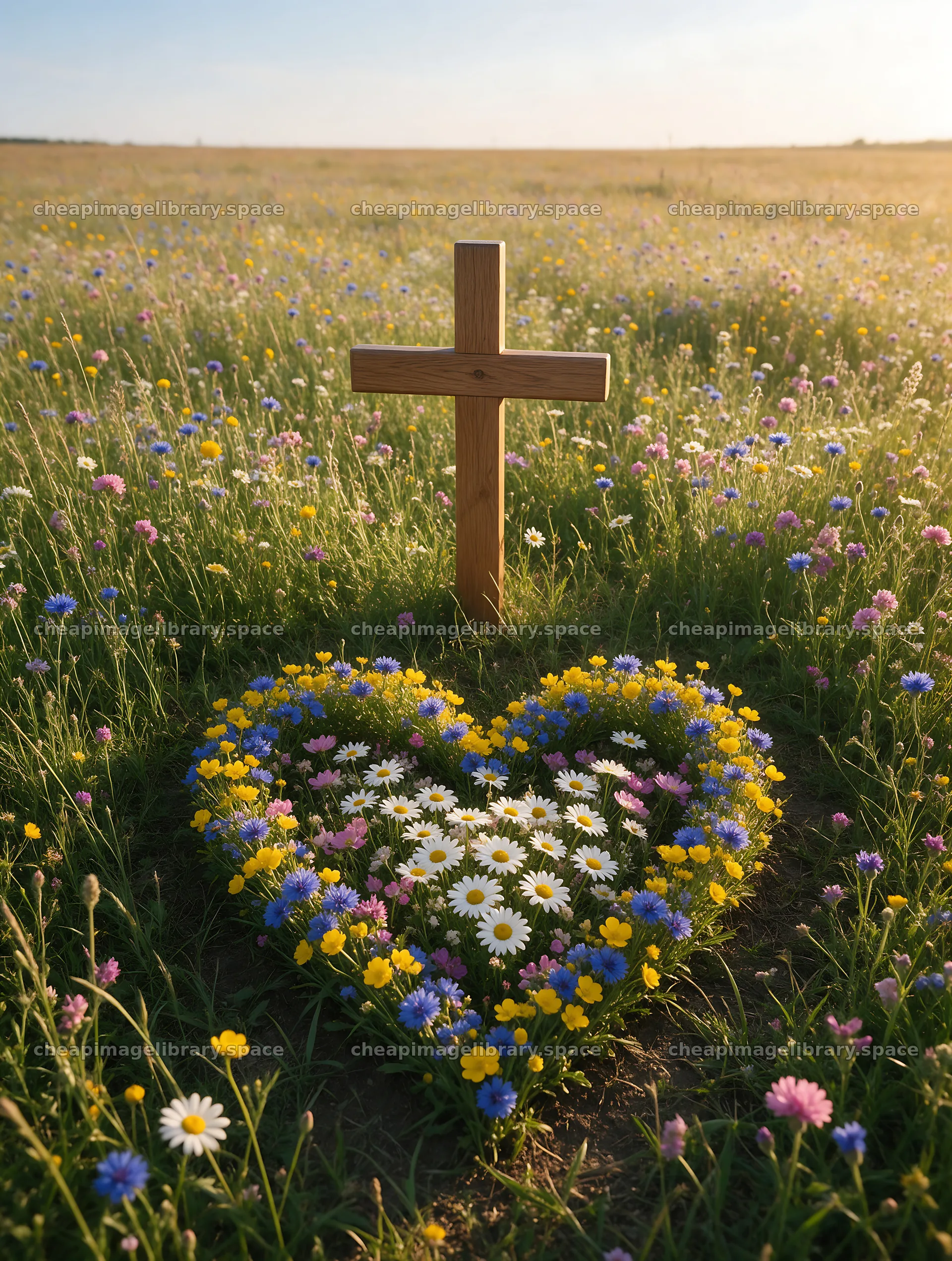 Wooden Christian cross in meadow at sunrise with flowers – image library 6898x9134
