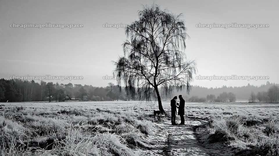 Winter meadow with couple standing near a tree at twilight – image library 10608x5938