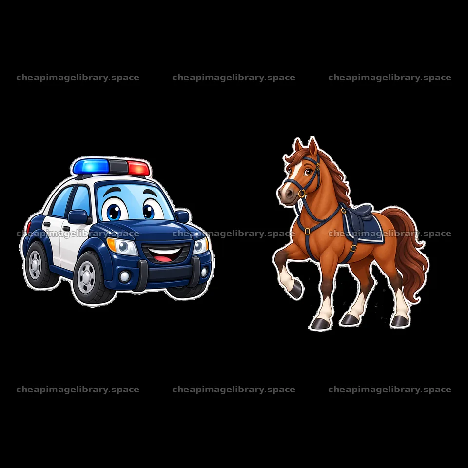 Police car and horse cartoon sticker illustration – image library 7746x7746
