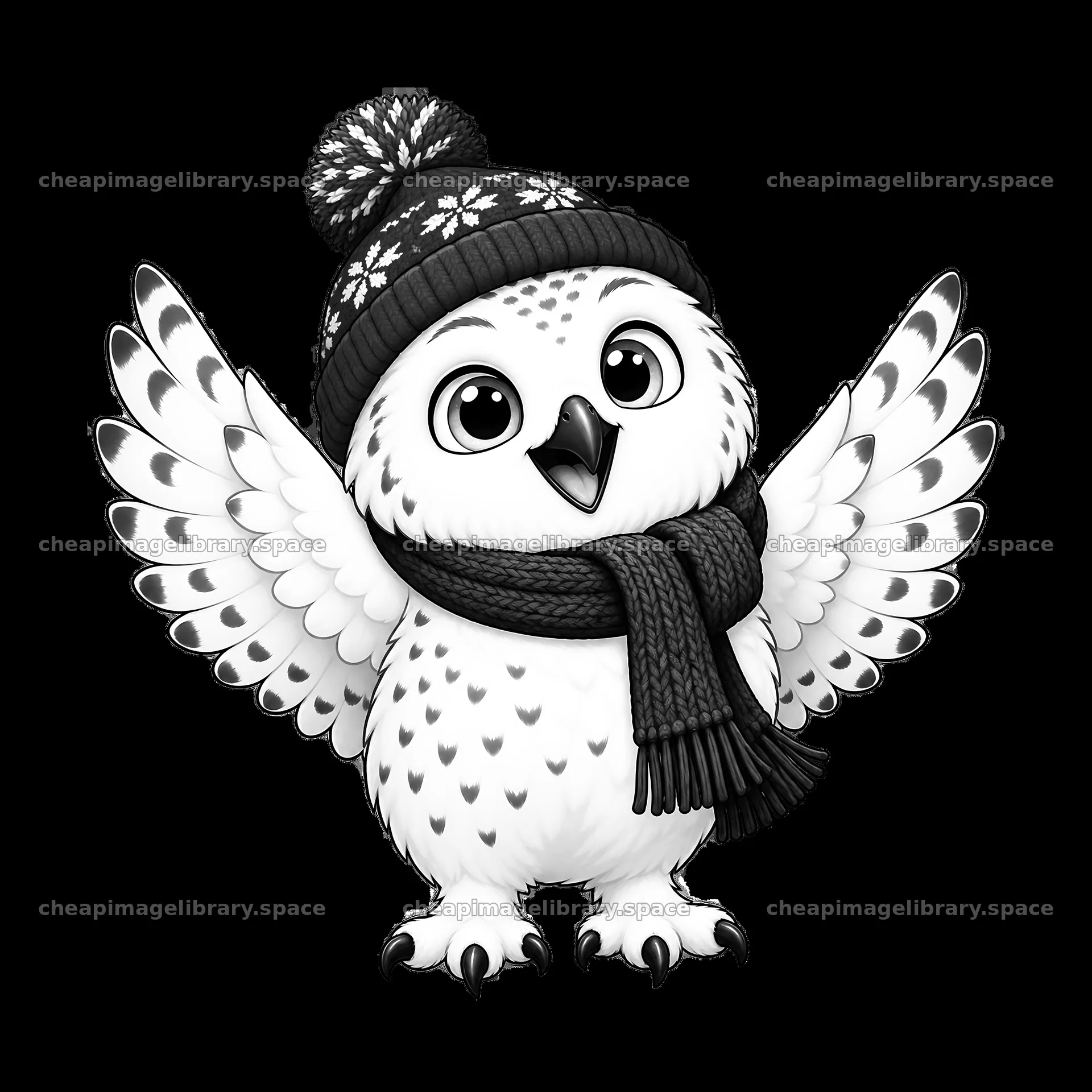 Christmas owl wearing hat and scarf with open wings – image library 7746x7746