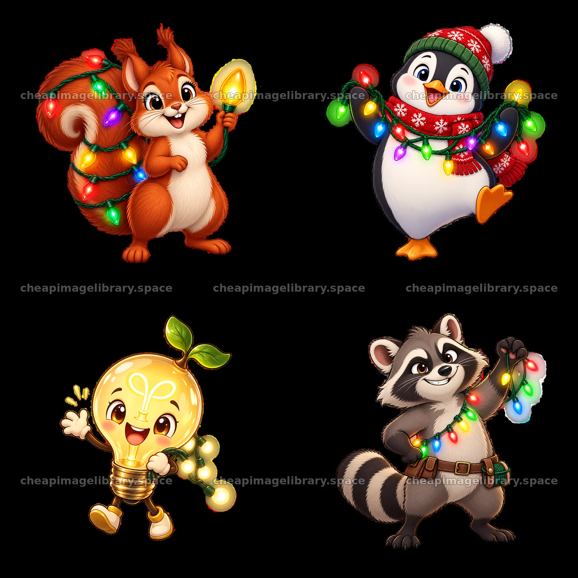Cartoon animals holding string lights in a square layout – image library 7746x7746