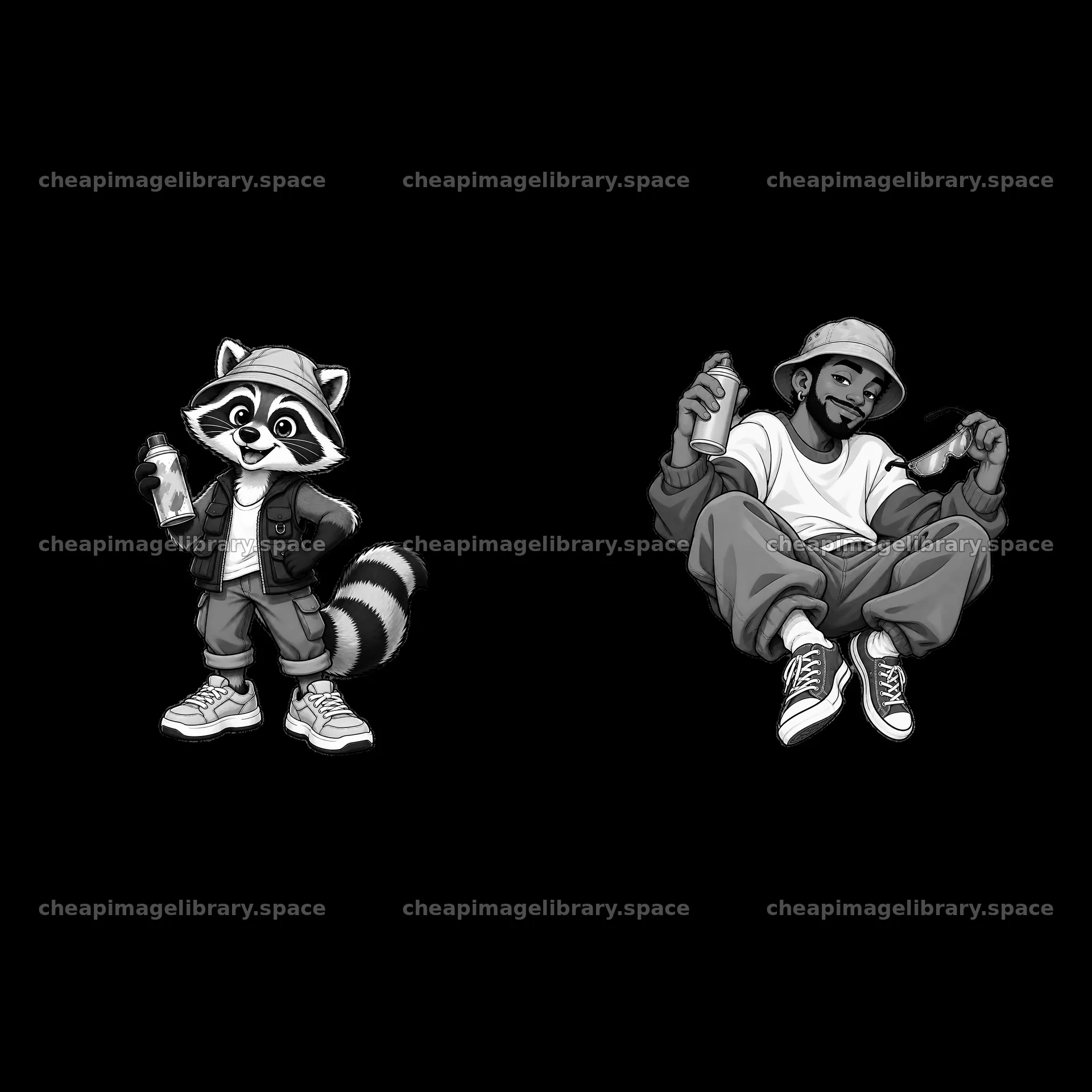 Cool graffiti sprayer characters with raccoon and man in casual wear – image library 7746x7746