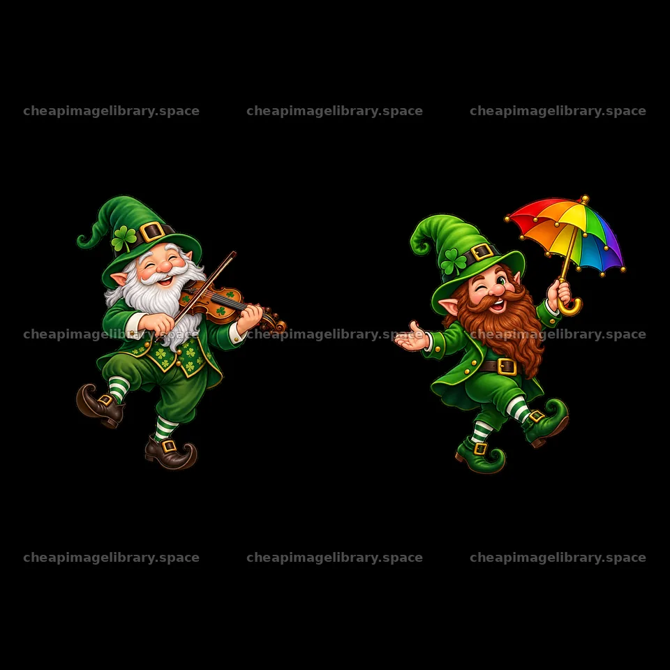 St. Patrick's Day gnomes playing music and dancing with an umbrella – image library 7746x7746