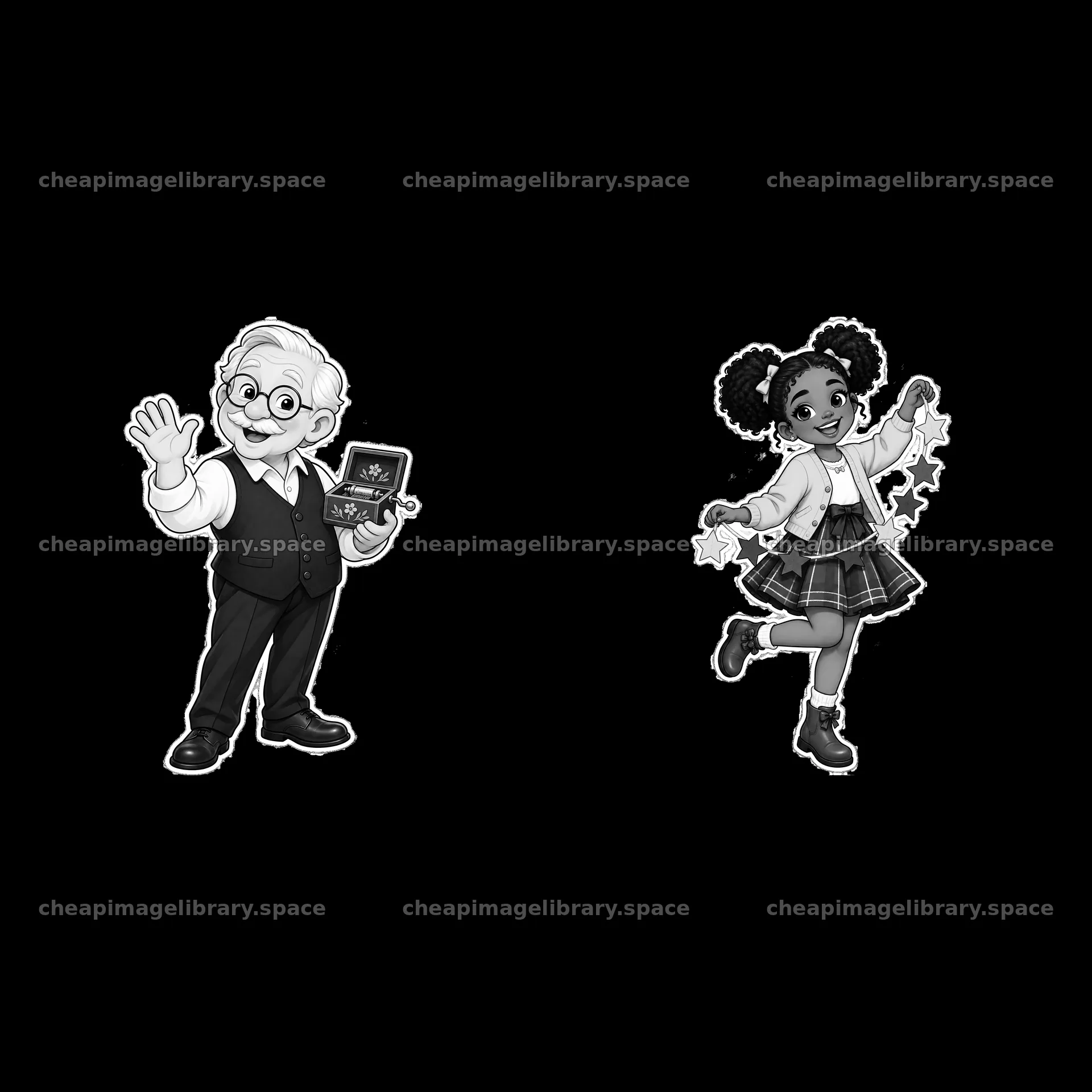 Grandfather with magic box and girl with star garland – image library 7746x7746