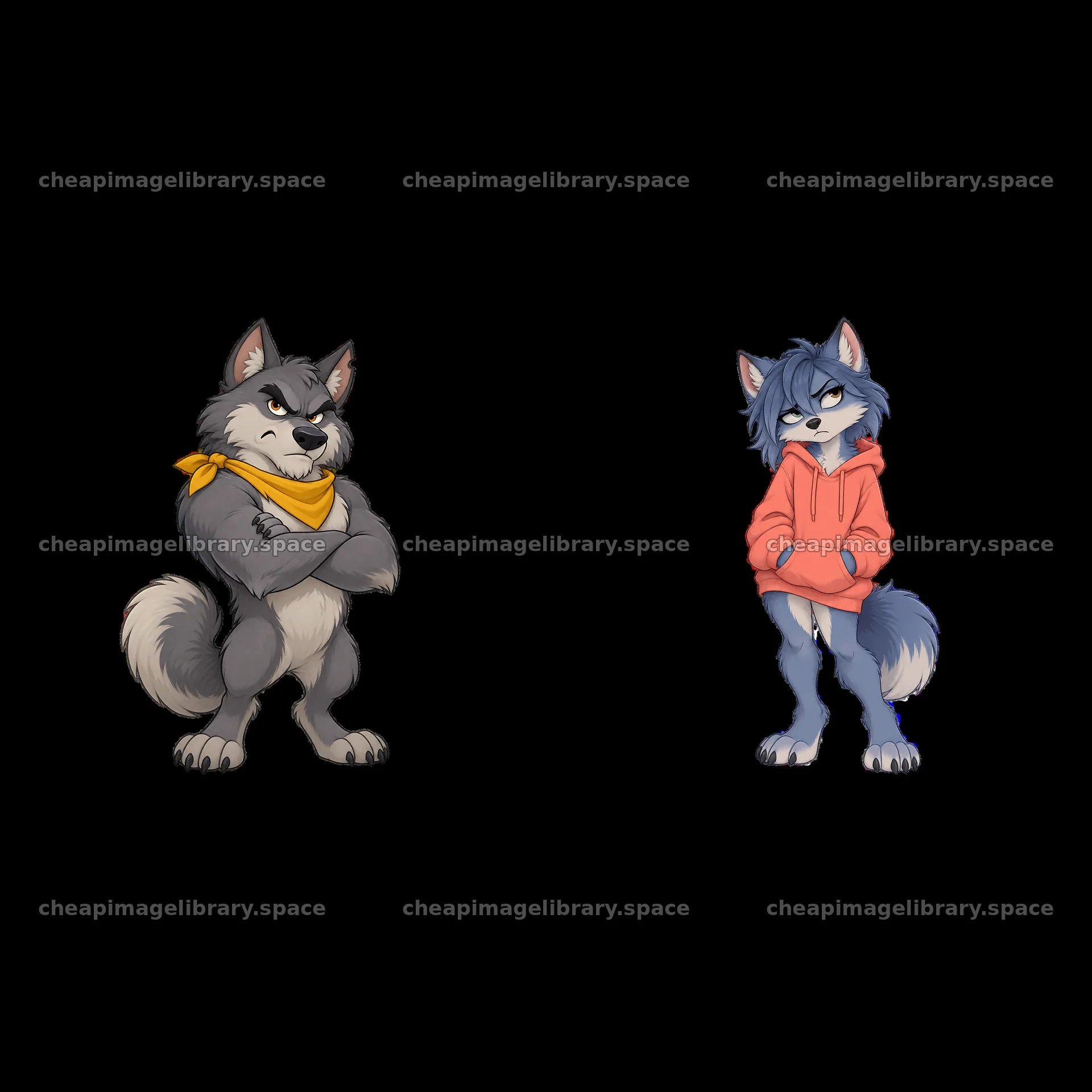 Grumpy wolf characters with distinct expressions in a pair – image library 7746x7746