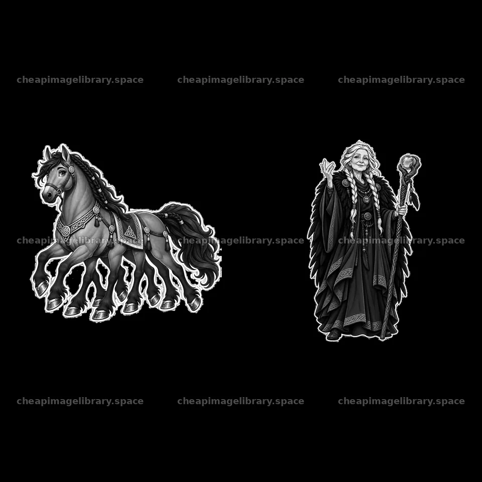 Odin with Sleipnir and Hela in black and white cartoon style – image library 7746x7746