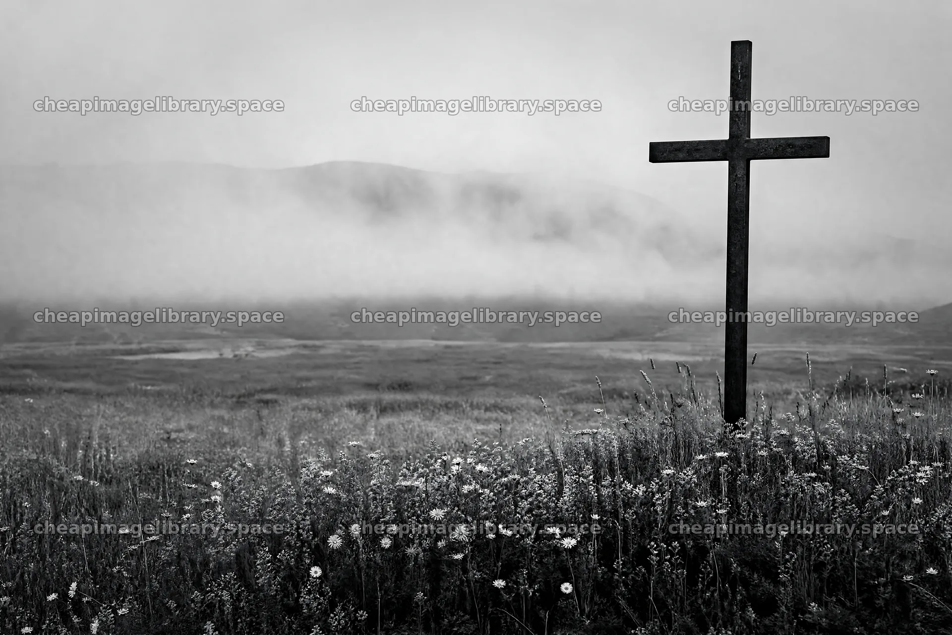 Weathered Christian cross in misty meadow near hot springs – image library 9722x6480