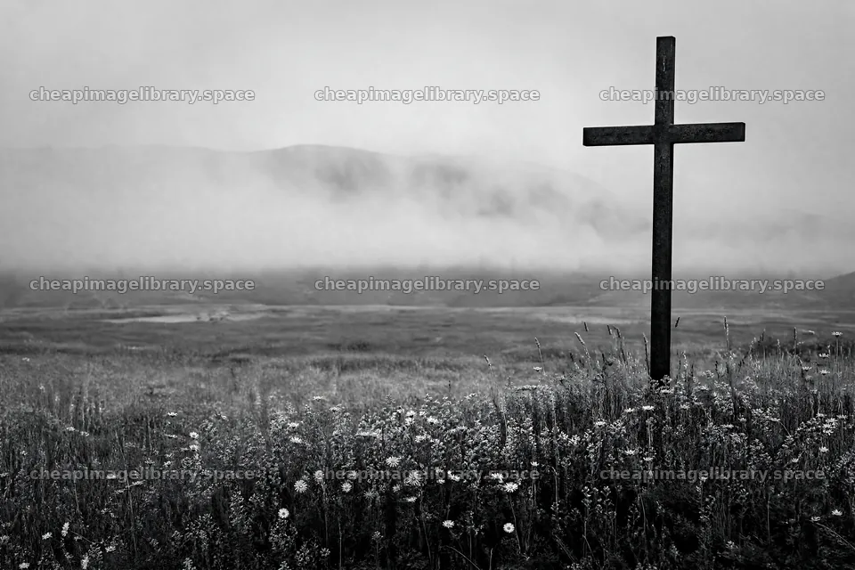 Weathered Christian cross in misty meadow near hot springs – image library 9722x6480