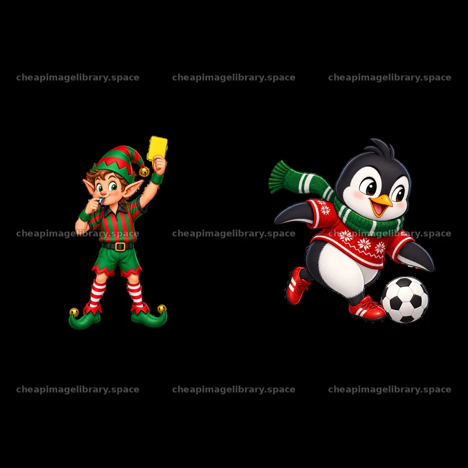Christmas elf and penguin playing soccer together – image library 7746x7746