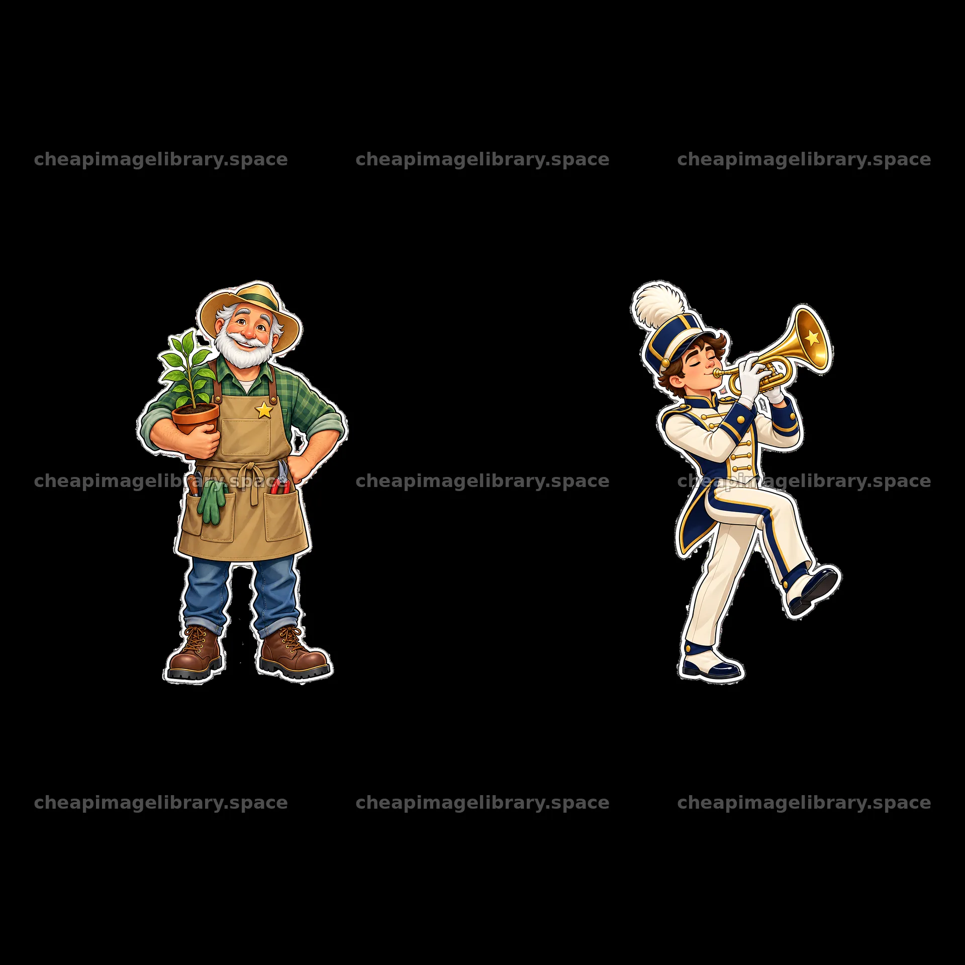 Cartoon farmer with plants and marching band musician with trumpet – image library 7746x7746