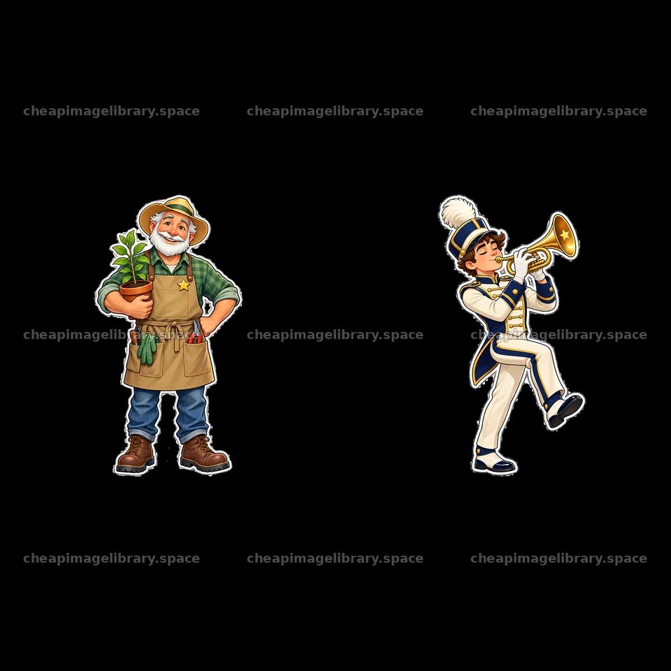 Cartoon farmer with plants and marching band musician with trumpet – image library 7746x7746