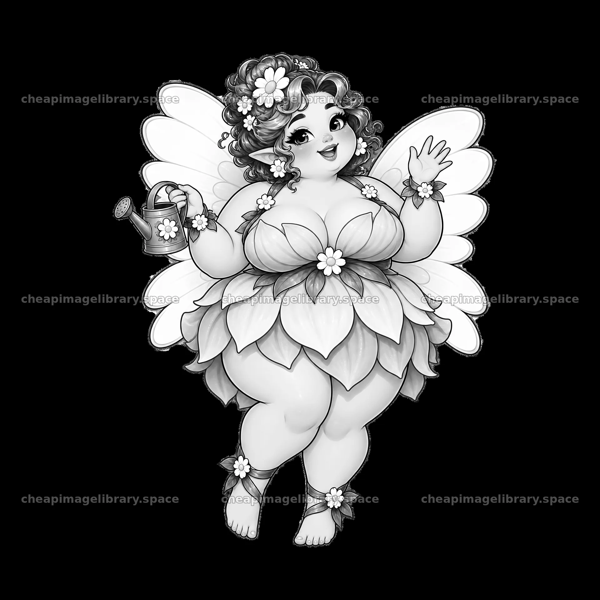 Kawaii ultra-fat fairy holding a watering can and smiling – image library 7746x7746