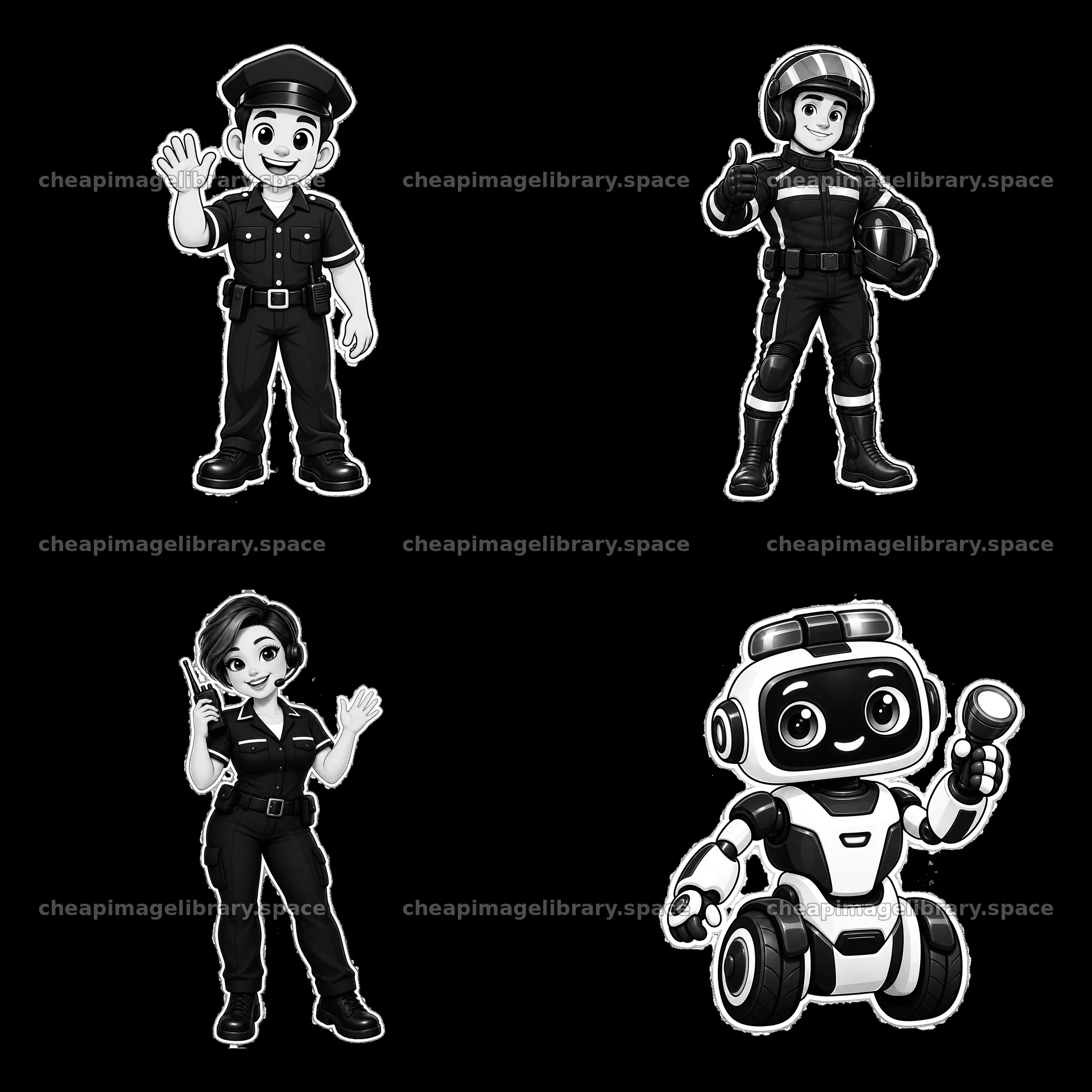 Four cartoon police characters in monochrome design – image library 7746x7746