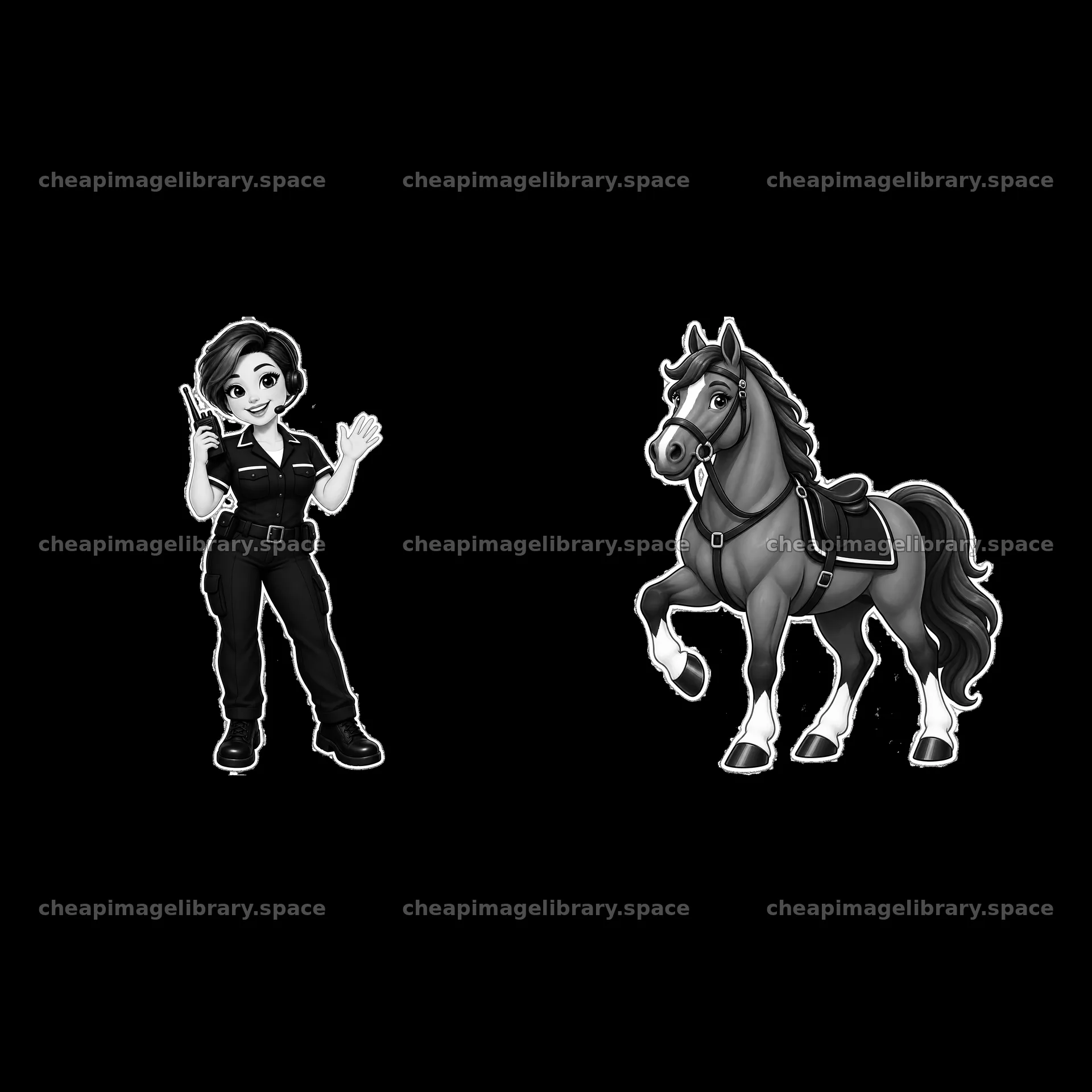 Police officer and horse cartoon sticker pair – image library 7746x7746