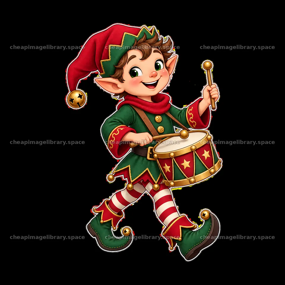Christmas elf playing a drum with a joyful smile – image library 7746x7746