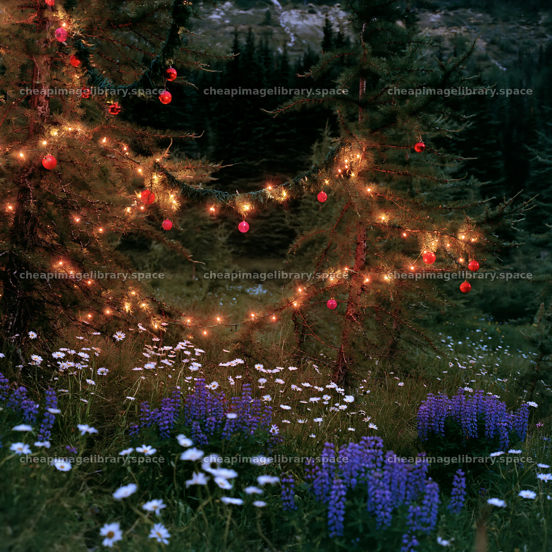 Christmas lights across mountain valley meadow – image library 7938x7938