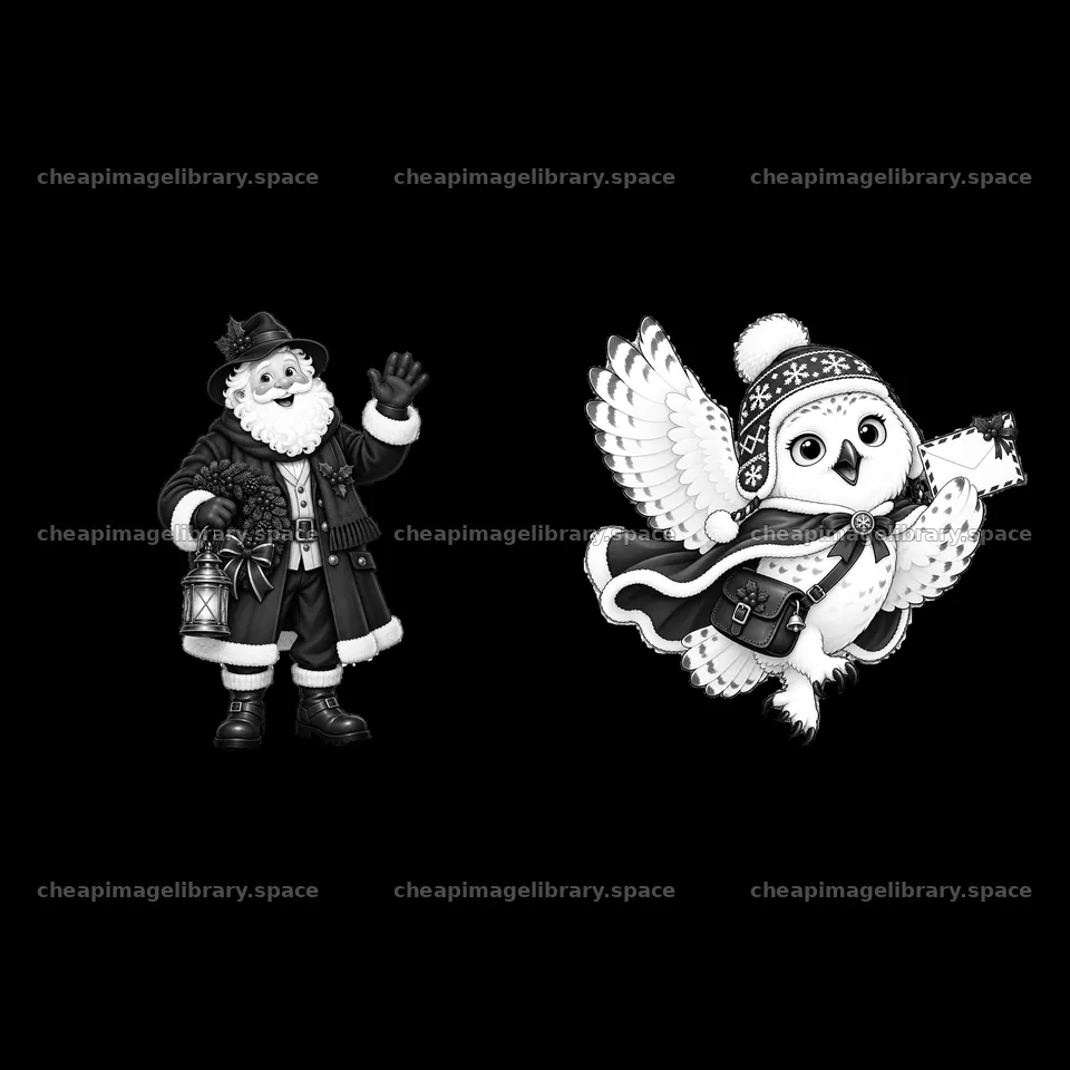 Santa Claus and owl character with gifts in Christmas villa – image library 7746x7746