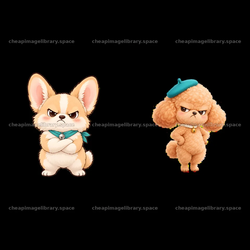 Kawaii grumpy dog duo with scarf and beret in cartoon style – image library 7746x7746