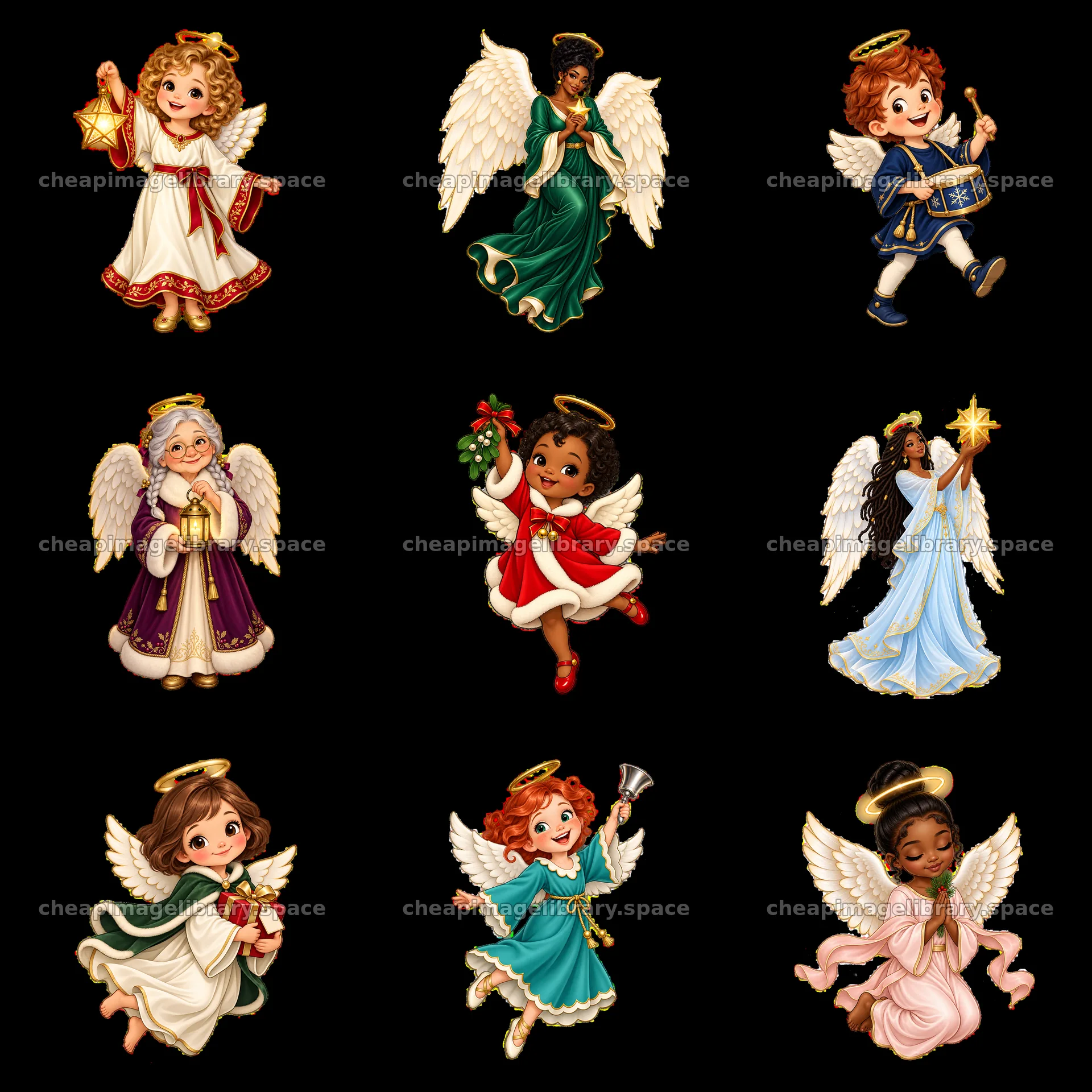 Nine diverse Christmas angels in colorful festive outfits – image library 7746x7746