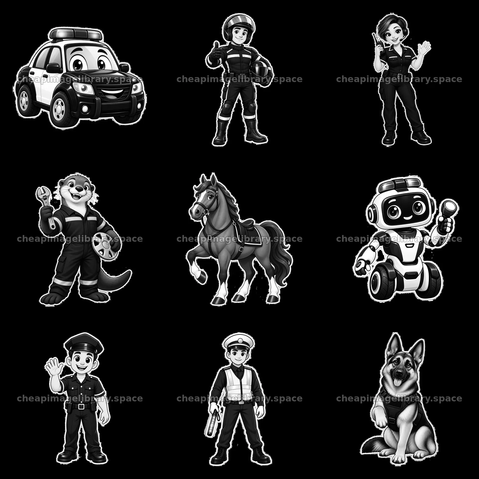 Cartoon police characters and vehicles in a 3x3 layout – image library 7746x7746