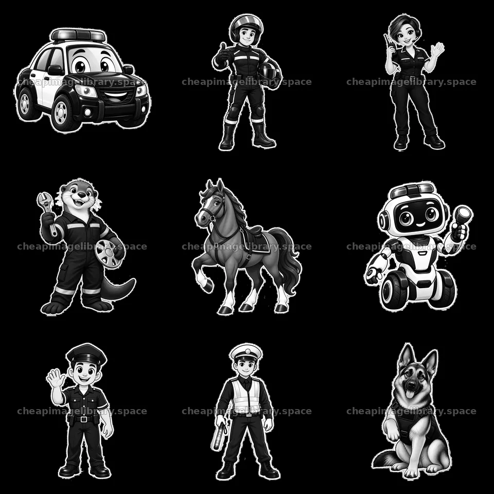 Cartoon police characters and vehicles in a 3x3 layout – image library 7746x7746