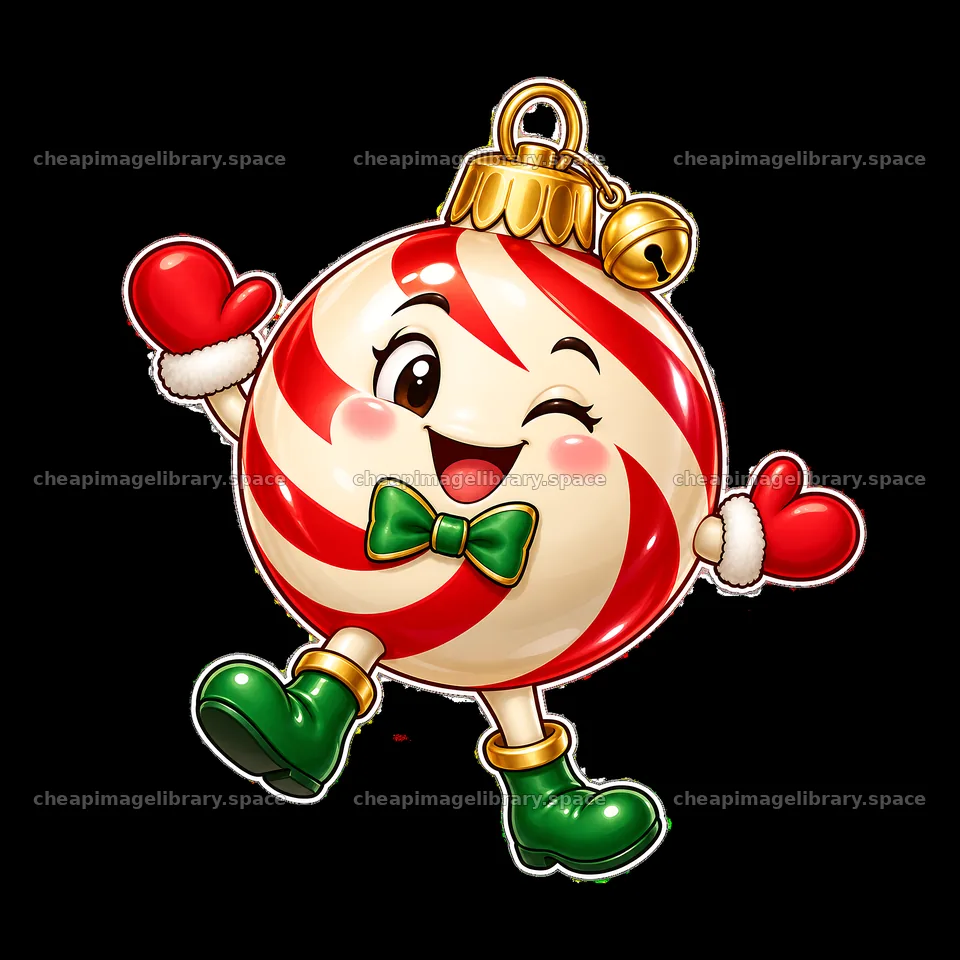 Happy cartoon candy cane ornament with festive gloves and boots – image library 7746x7746