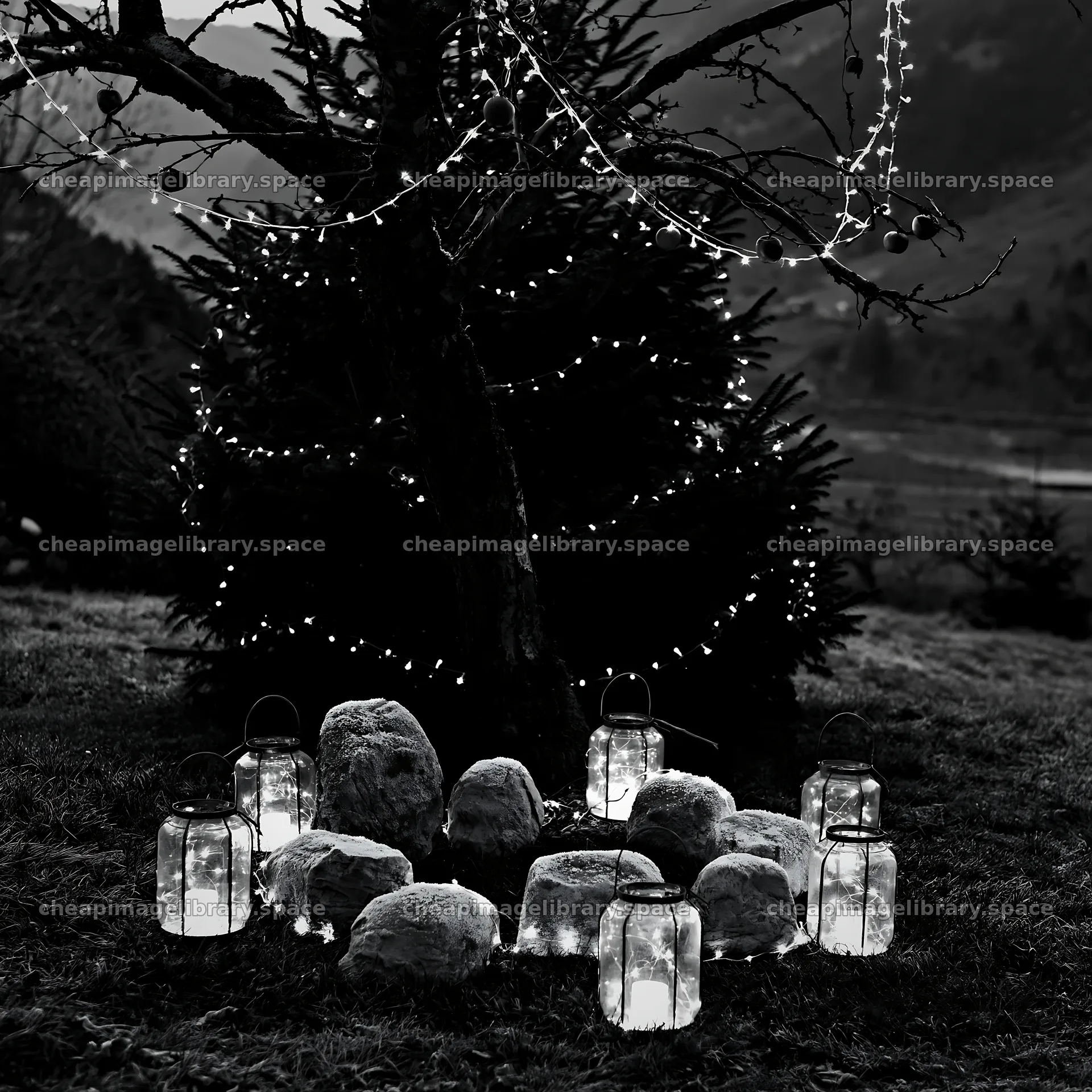 Christmas apple tree meadow with frosted stones and lanterns – image library 7938x7938
