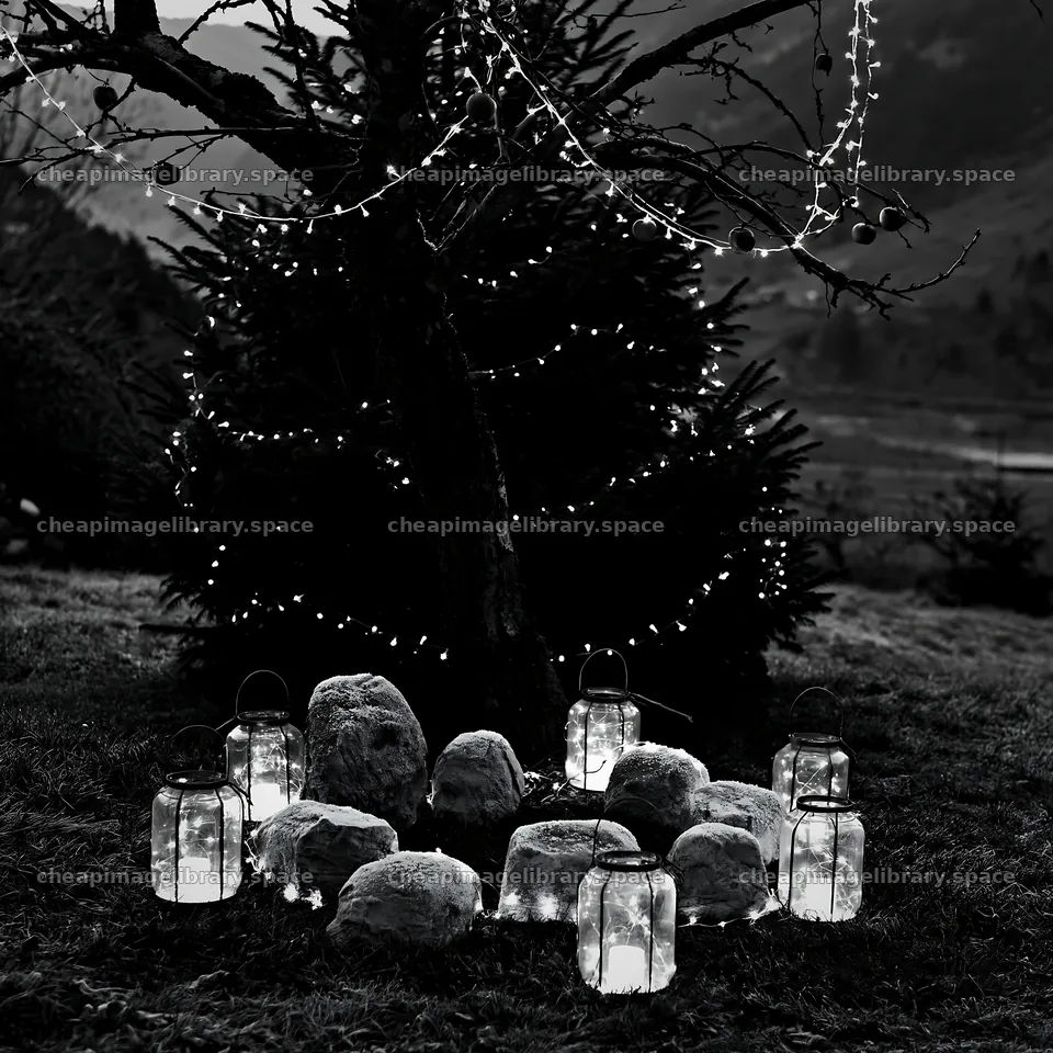 Christmas apple tree meadow with frosted stones and lanterns – image library 7938x7938