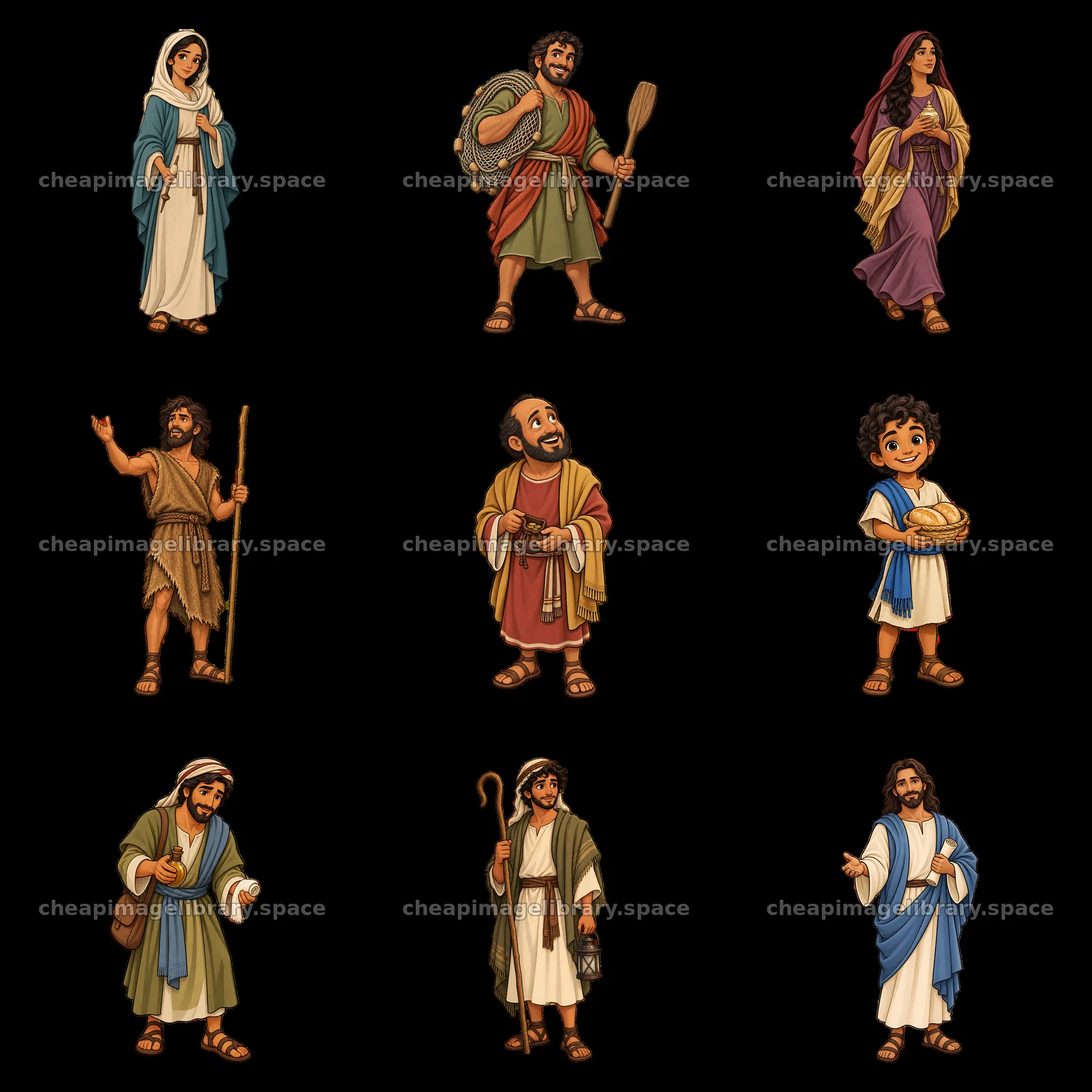 Jesus and biblical characters in colorful cartoon stickers – image library 7746x7746
