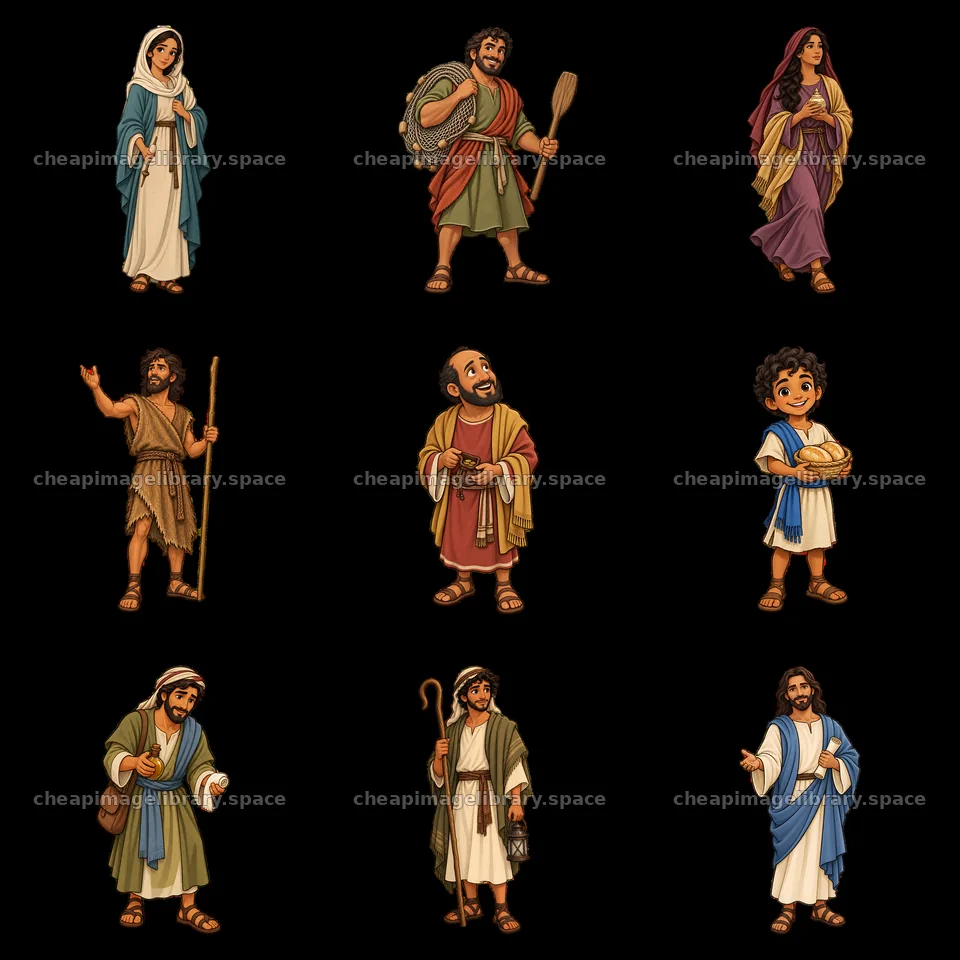 Jesus and biblical characters in colorful cartoon stickers – image library 7746x7746
